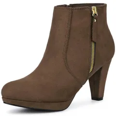 アレグラ ケー レディース シューズ ブーツ・レインブーツ プラットフォーム アンクル ヒール ALLEGRA K Womenside Zip Low Platform Chunky Heel Ankle Booties Dark Brown ブラウン