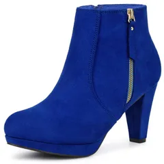 アレグラ ケー レディース シューズ ブーツ・レインブーツ プラットフォーム アンクル ヒール ALLEGRA K Womenside Zip Low Platform Chunky Heel Ankle Booties Royal Blue ブルー