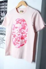 W(XS) A BATHING APE アベイシングエイプ 半袖 Tシャツ ヘザー ビックロゴ カモフラ ピンク -17E3C
