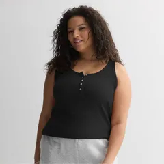 エスオー レディース トップス Tシャツ プラスサイズ リブ Juniors Plusize SO Ribbed Henley Tank Top Black Luxe ブラック