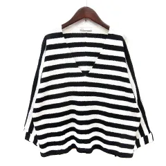 ザラ ZARA ニット セーター Vネック ボーダー 長袖 S 白 アイボリー 黒 ブラック /MN