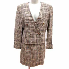 ジャストビギ JUST BIGI スーツ セットアップ ノーカラージャケット ダブル 総裏地 タイトスカート グレンチェック ウール ベージュ /YK