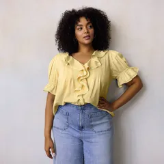 LC Lauren Conrad レディース トップス シャツ プラスサイズ フリル ブラウス Plusize LC Lauren Conrad Ruffle Front Blouse With Tucks Yellowhite Chip ホワイト