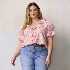 LC Lauren Conrad レディース トップス シャツ プラスサイズ フリル ブラウス Plusize LC Lauren Conrad Ruffle Front Blouse With Tucks Pink Wildflower ピンク