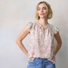 LC Lauren Conrad レディース トップス シャツ Vネック プチ フリル Petite LC Lauren Conrad Ruffle VNeck Shell Top with Trim Pink Lena Grove ピンク