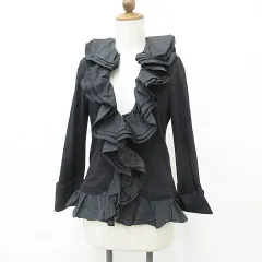 ユキトリイ YUKI TORII ジャケット 長袖 Vネック フリルカラー 別布 ホック開き ロールアップ ペプラム カシミヤ混 黒 ブラック 38