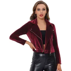 アレグラ ケー レディース アウター ジャケット・ブルゾン ベルベット クロップド ALLEGRA K Womens Velvet Notched Lapel Zipper Cropped Motorcycle Jacket Wine Red レッド