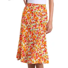アレグラ ケー レディース ボトムスカート A ライン プリント ミディ ALLEGRA K Womens Peasant Elastic Waist ALine Leave Print Midi Skirt Orange Green オレンジ