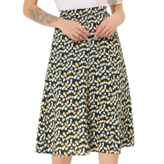 アレグラ ケー レディース ボトムスカート A ライン プリント ミディ ALLEGRA K Womens Peasant Elastic Waist ALine Leave Print Midi Skirt Black Blue ブラック
