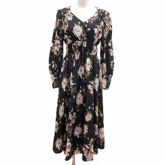 リエンダ rienda ワンピース ロング 花柄 長袖 S 黒 ブラック /YK