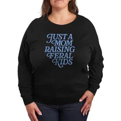 アニメキャラクター レディース トップス Tシャツ プラスサイズ パイル Licensed Character Plusize Just A Mom Raising Feral Kids French Terry Long Sleeve Tee Black ブ