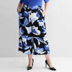 ナインウェスト レディース ボトムス カジュアルパンツ ワイドレッグ プラスサイズ クロップド Plusize Nine West PullOn Flowy Wide Leg Cropped Pants Blue Clare Floral ブルー