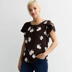 ナインウェスト レディース トップス シャツ クルーネック ブラウス Womens Nine West Gathered Crewneck Tulip Sleeve Blouse Brown Petra Floral ブラウン