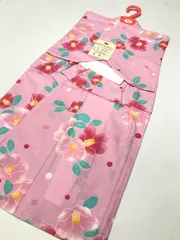 新品 子供浴衣 綿 女児用 ピンク地に椿模様 90cm 