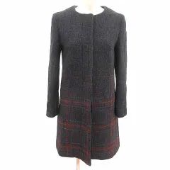 B&Y ユナイテッドアローズ BEAUTY&YOUTH ビューティー&ユース ノーカラーコート 総裏地 チェック ウール S 黒 ブラック 赤 レッド /YK