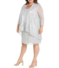 アールアンドエムリチャーズ レディース トップス ワンピース プラスサイズ プリーツ プリント ニット ジャケット R M Richards Plusize Moonlight Foil Print Pleated Knit 34 Sleeve 2Piece