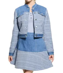 ゲス レディース アウター コート ツイード クロップド デニム ジャケット Guess Elsie Tweed Mix Cropped Coordinating Denim Jacket Blueのサムネイル