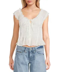 アーバンアウトフィッターズ レディース トップス シャツ ブラウス BDG Urban Outfitters Mabel Short Sleeve Woven Peasant Blouse Whiteのサムネイル