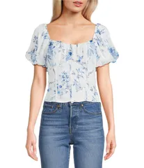 INサンフランシスコ レディース トップス シャツ フラワー柄 プリント フラワー IN San Francisco Floral Print Short Puff Sleeve Scoop Neckのサムネイル