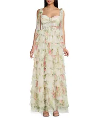 ビーダーリン レディース トップス ワンピース ティアード フラワー柄 プリント フリル メッシュ フラワー B Darlin Floral Printed Mesh Sweetheart Neck Tie Shoulder Illusion Corseted