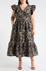 シュガーリップス レディース トップス ワンピース フラワー柄 ミディ トール フラワー SUGARLIPS Lyla Metallic Floral Jacquard Midi Dress BlackSilver ブラック