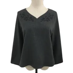 エニィスィス エニシス anySiS カットソー ブラウス プルオーバー Vネック ストライプ 花柄 刺繍 長袖 2 グレー 黒 ブラック