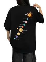 [ブブ オーハナ] Tシャツ フロント バック プラネット プリント カジュアル トップス レディース 半袖 T シャツ 女性 用 春 夏 秋 冬 ビッグ シルエット オーバー サイズ ドロップ ショルダー 風 綿 コットン  [ブラック] [XL] [標準]