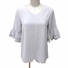 ジュノア JUNOAH ブラウス Vネック フレアスリーブ 五分袖 L ライトグレー /YK