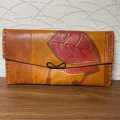 【極美品】ヴィンテージ レザー長財布 葉柄 ブラウン 薄型 ハンドメイド