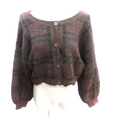 ヘザー Heather ニット カーディガン ショート丈 チェック 長袖 F 茶 ブラウン /AU