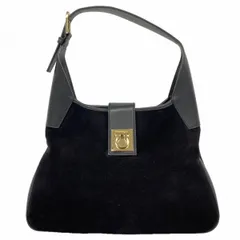 【6cd5055】サルヴァトーレフェラガモ ショルダーバッグ ガンチーニ スウェード レザー ブラック シャンパンゴールド金具【中古】レディース