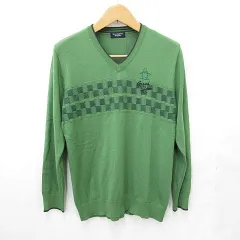 マンシングウェア MUNSINGWEAR セーター ニット ゴルフ スポーツウェア 長袖 Vネック ロゴ チェック柄 ウール 緑 グリーン L