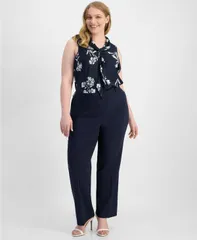 【送料無料】 タハリエーエスエル レディース カジュアルパンツ ボトムス Plus Size Bird Eye PressPleat StraightLeg Pants New Navy