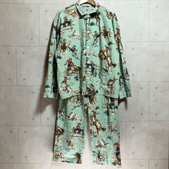 90s ヴィンテージ風 総柄セットアップ カウボーイ柄 開襟シャツ 古着 L