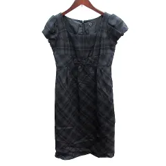コムサイズム COMME CA ISM ワンピース ひざ丈 スクープドネック チェック ウール フレンチスリーブ M チャコールグレー /AU