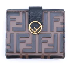 FENDI (フェンディ) エフ イズ ズッカ柄 コンパクトウォレット 二つ折り財布 ブラウン×ブラック レザー 8M0386 ゴールド金具