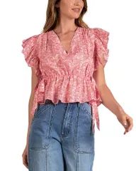 エラン レディース トップス シャツ フラワー柄 フリル フラワー Elan Floral Ruffle Sleeve Side Tie Topink Santa Fe ピンクのサムネイル