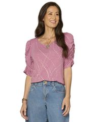 【送料無料】 デモクラシー レディース シャツ トップス Petite Printed RuchedSleeve ScoopNeck Top Wild Mulberry