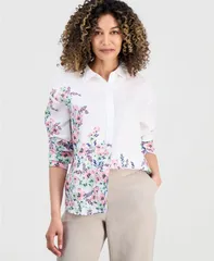 【送料無料】 チャータークラブ レディース シャツ トップス Petite Linen Shannons Garden Shirt Shannon Garden Placed White