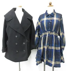 グレイル GRL レイカズン Ray cassin ピーコート ワンピース 2枚セット ダブル ビックカラー 長袖 シャツワンピ ひざ丈 タック フレア チェック柄 黒 紺 ネイビー Fのサムネイル