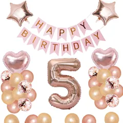 5歳 誕生日 バルーン 風船 飾り付け セット 数字バルーン 5 HAPPY BIRTHDAYガーランド ハート風船 紙吹雪風船 バースデーバルーン 大人 女の子 ローズピンク