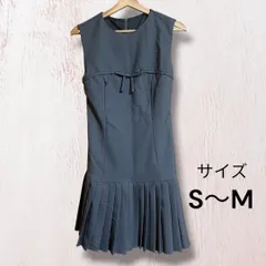[62] ノースリーブワンピース S-Mサイズ相当 グレー プリーツ 切替 リボン ひざ丈 定番 人気 古着 レディース 上品 美シルエット