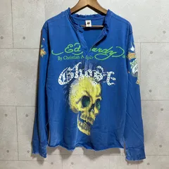 Ed Hardy エドハーディー Y2K ヘンリーネック カットソー ロンT 長袖 トップス ロングスリーブ Tシャツ M スカル ストーン ブルー 青 メンズ SU-6-3のサムネイル