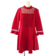 70s ヴィンテージ レース刺繍 ベロアワンピース スクエアネック 00s 赤