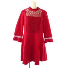 ザラ ベーシック ZARA BASIC レース切り替えスタンドカラーワンピース EUR L 赤 /CX ■OS