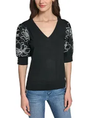 カール ラガーフェルド レディース アウター ニット・セーター フラワー柄 フラワー KARLAGERFELD Floral Short Sleeve Sweater Black ブラックのサムネイル