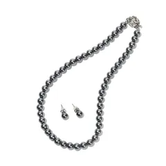 【新品】 [CRANES COLLECTION] 5年 パール ネックレス ピアス イヤリング セット 真珠 日本製 天然貝パール 8mm珠 自社生産 10サイズ 選べるケース ホワイト グレー ブラック (BOXケース/巾着袋付き, グレーピアス, 40 1