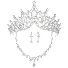 【新品】 ティアラ ネックレス ピアスまたはイヤリング 3点セット ブライダル ウェディング コスプレ シルバー ラインストーン ジルコニア (シルバー・ピアス) 1