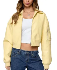 アディクテッド レディース アウター ジャケット・ブルゾン クロップド レザー フェイクレザー Edikted Zayna Cropped Faux Leather Bomber Jacket Yel