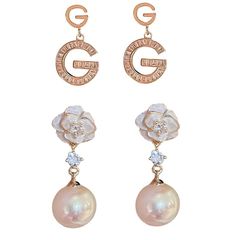 [Brand New] 2 Pair Pack Camellia Pearl Earrings Alphabet G Earrings 14K Gold Sterling Silver Needle Hypoallergenic Stud Earrings Valentine's Day Mother's Day Birthday Gift for Mom, Her Wife, Girlfriend Popular 0